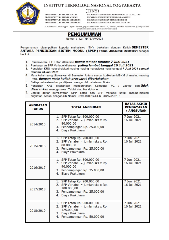 Pengumuman  Kuliah SEMESTER ANTARA PENDIDIKAN SISTEM MODUL (BPSM) Tahun Akademik 2020/2021