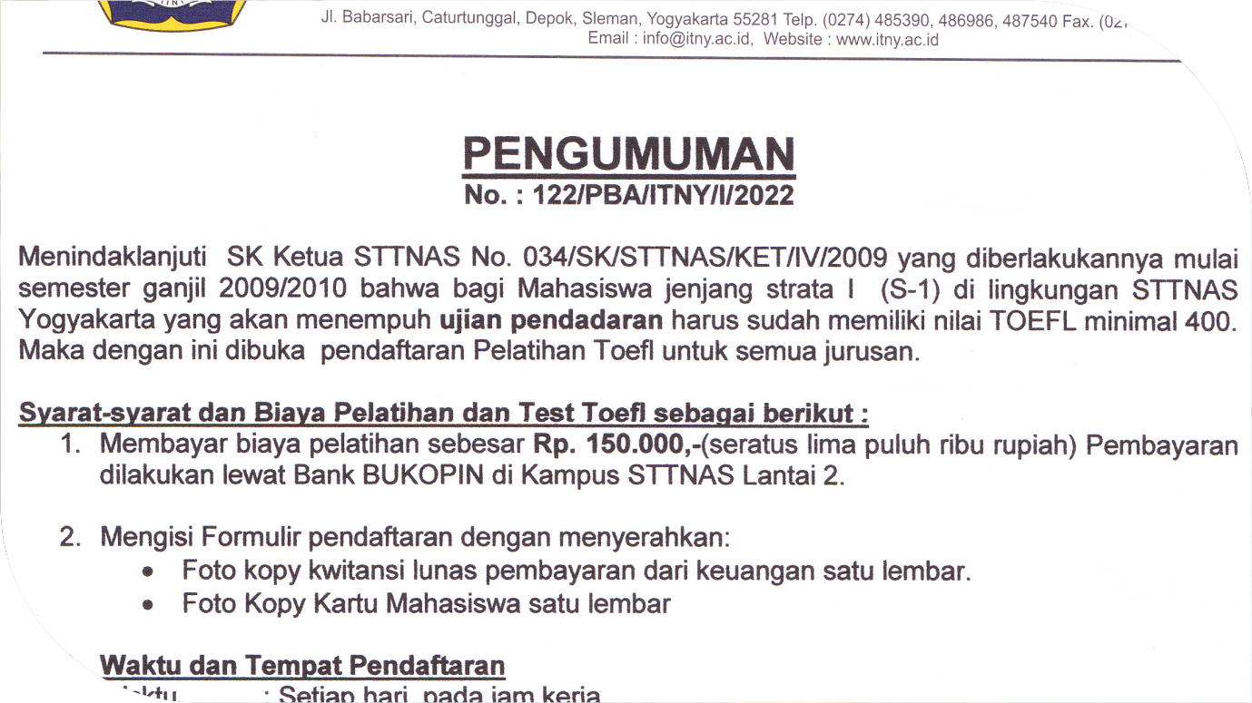 Pengumuman Test Toefel ITNY