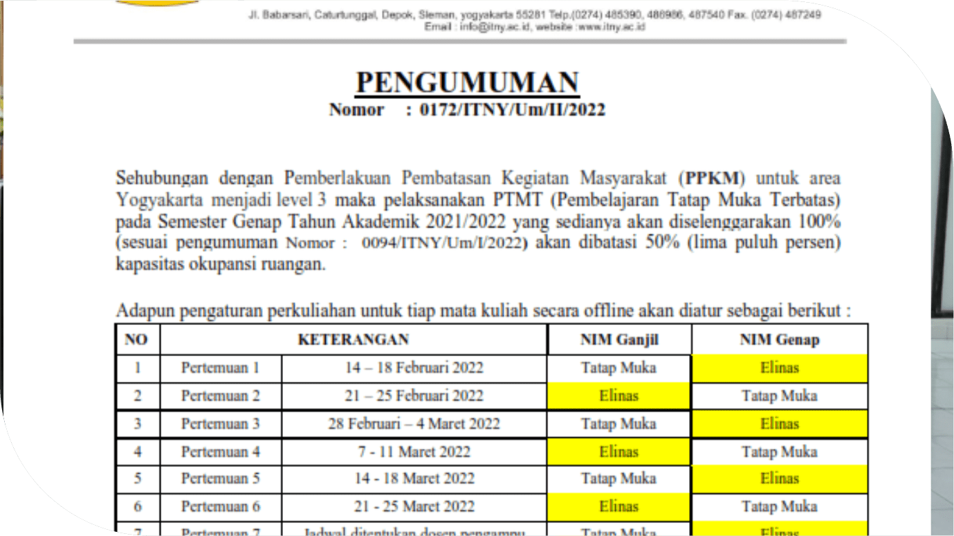 Pengumuman Pelaksanaan PTMT (Pembelajaran Tatap Muka Terbatas)