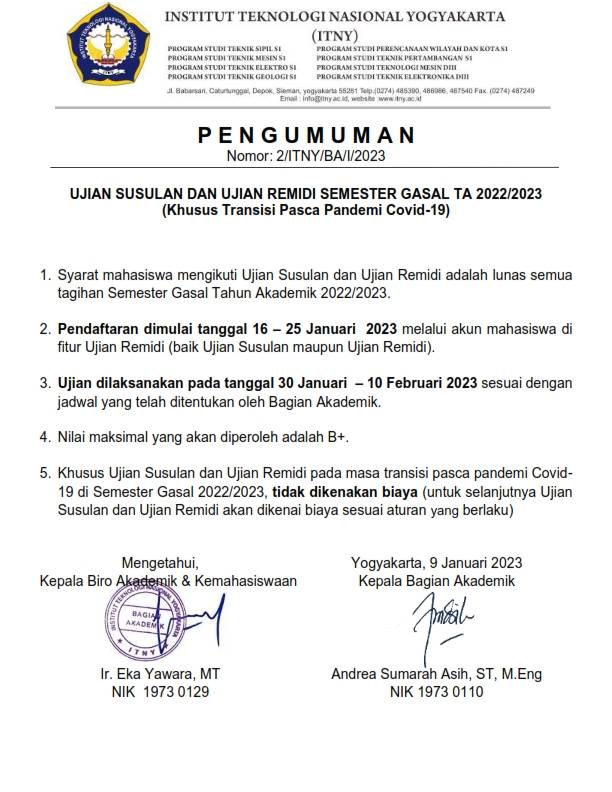 Pengumuman Ujian Susulan dan Remidi Gasal 2022