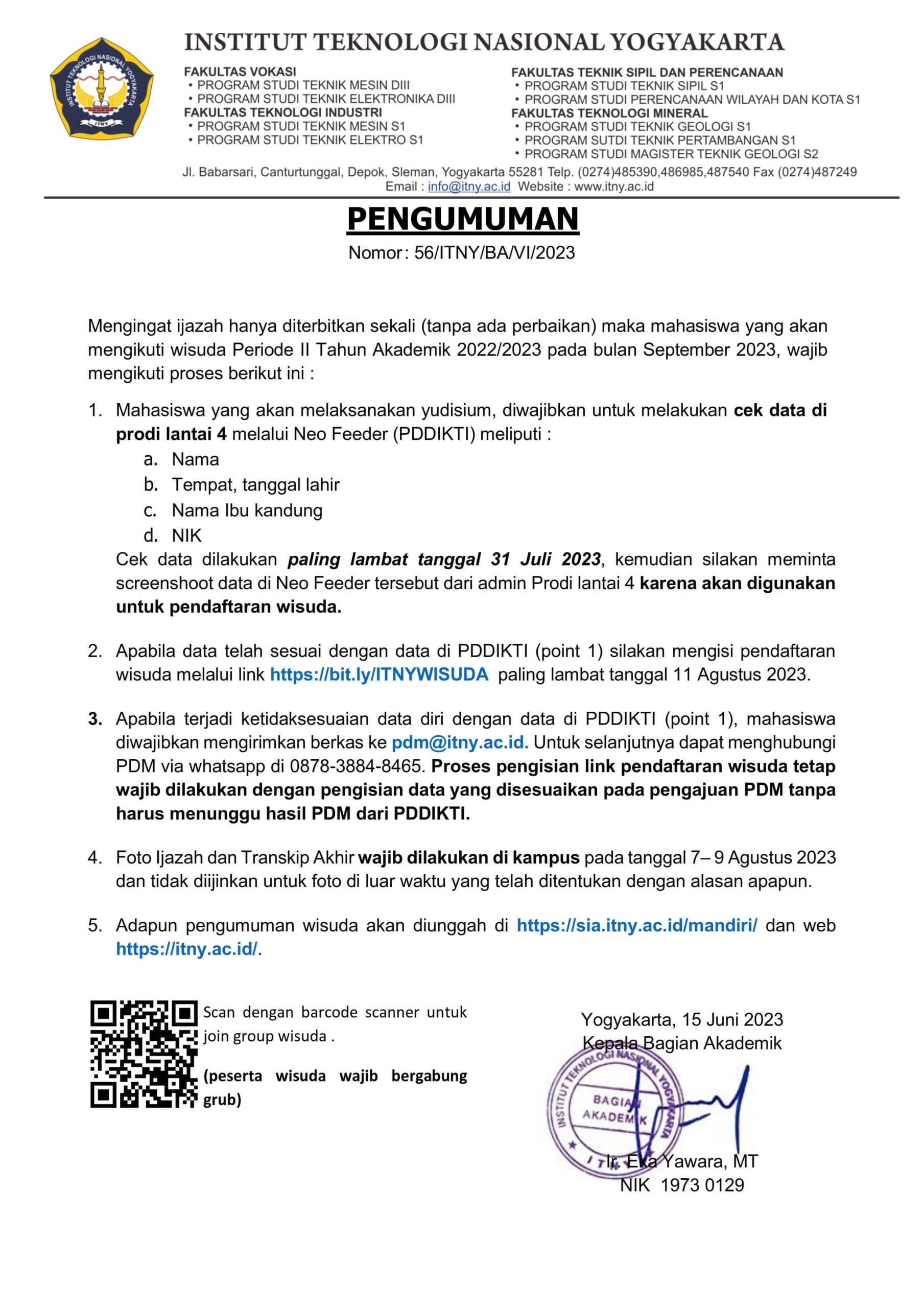 Pengumuman Wisuda Periode II Tahun Akademik 2022/2023 Bulan September 2023