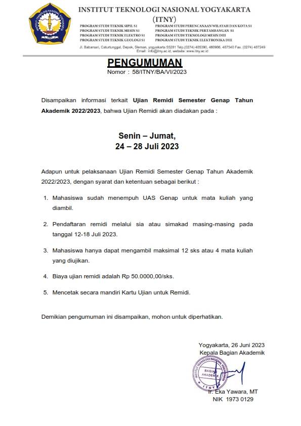 Pengumuman Ujian Remidi Semester Genap TahunAkademik 2022/2023