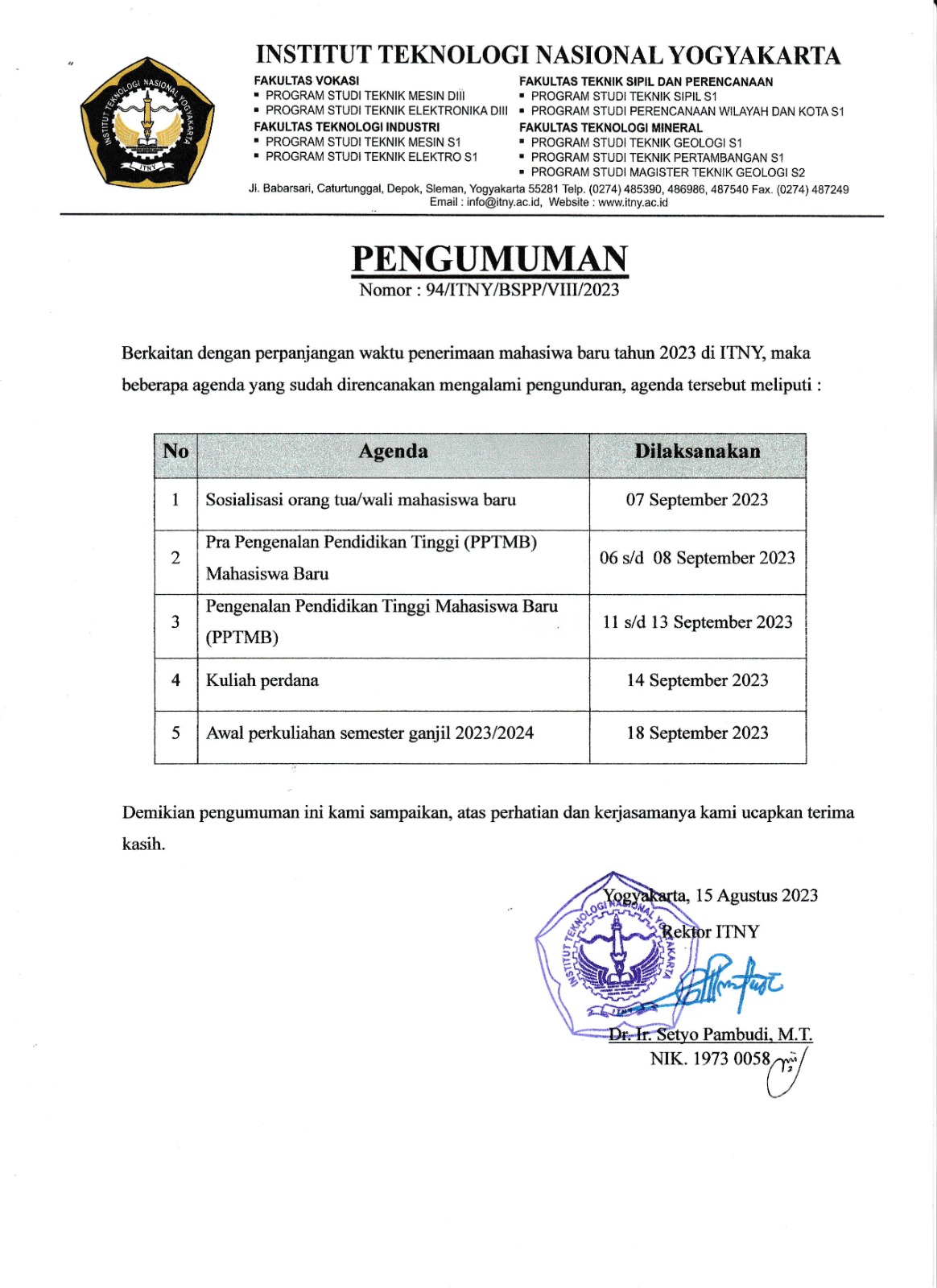 Pengumuman Agenda Mahasiswa Baru ITNY 2023